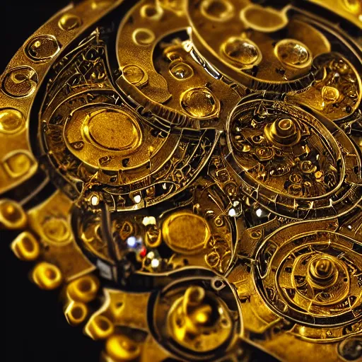 Image similar to a macro photo of a very beautiful gold and silver mechanical pacman game character, close - up, intricately detailed engravings, intricately detailed markings, intricate textures, warm lighting, vivid colors, realistic octane render, hyper realistic render, volumetric shading, depth of field, raytracing, 8 k,