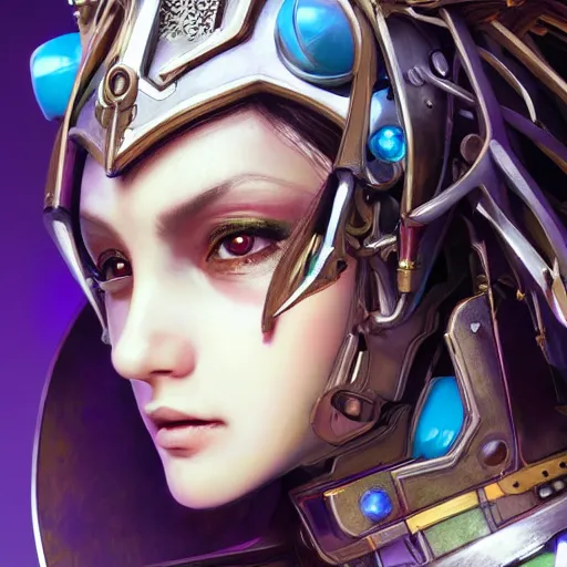 Image similar to studio portrait of lawful good colorful female holy mecha paladin absurdly beautiful, elegant, young sensual graceful woman, ultrafine hyperrealistic detailed face illustration by kim jung gi, irakli nadar, intricate linework, sharp focus, bright colors, matte, octopath traveler, final fantasy, unreal engine highly rendered, global illumination, radiant light, intricate environment