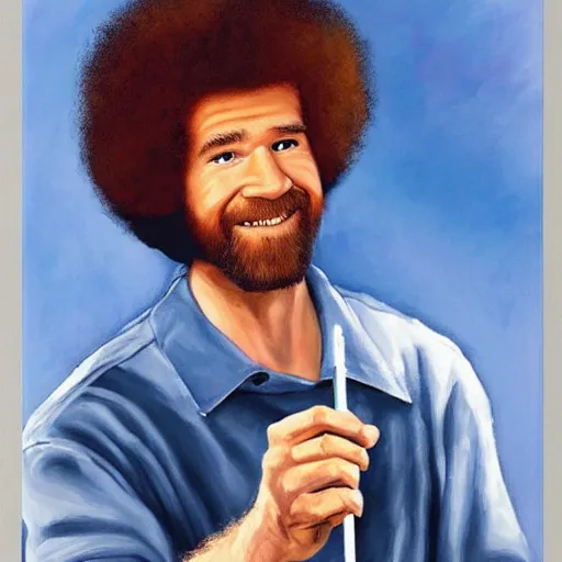 Prompt: a painting of bob ross painting a painting of bob ross holding a paintbrush, high quality, very detailed, artwork