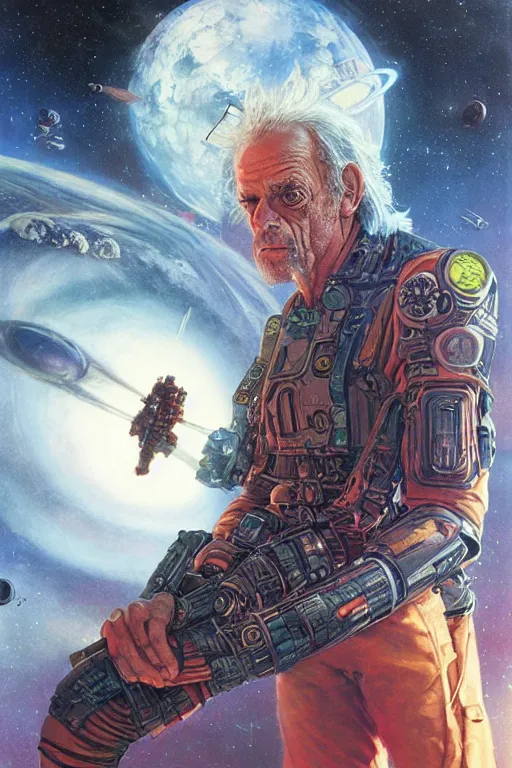 Image similar to Christopher Lloyd is a space pirate, apocalyptic, science fiction, retro cover, high details, intricate details, by vincent di fate, artgerm julie bell beeple, inking, screen print