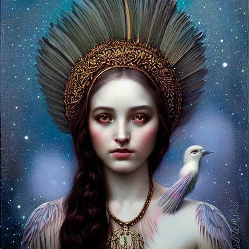 Prompt: cosmic young goddess of feathers by tom bagshaw