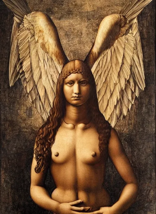 Image similar to Half human, half eagle, symetry, very detailed, painting in style of Leonardo Da Vinci