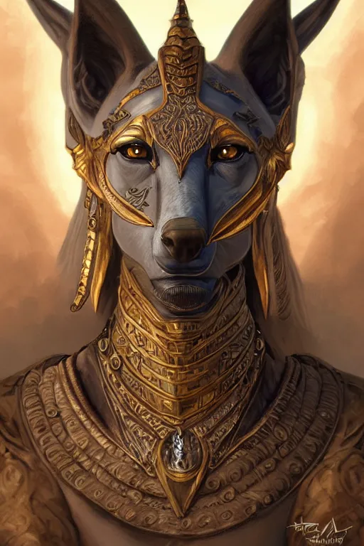 Image similar to a portrait of a anthropomorphic an ancient anubis goddess, D&D, fantasy, intricate, highly detailed, digital painting, artstation, concept art, smooth, sharp focus, illustration, art by artgerm