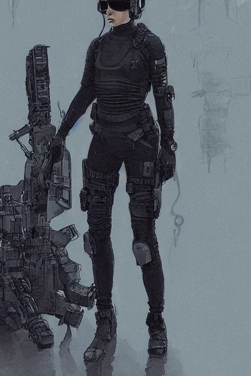 Image similar to Maria. blackops mercenary in near future tactical gear, stealth suit, and cyberpunk headset. Blade Runner 2049. concept art by James Gurney and Mœbius.