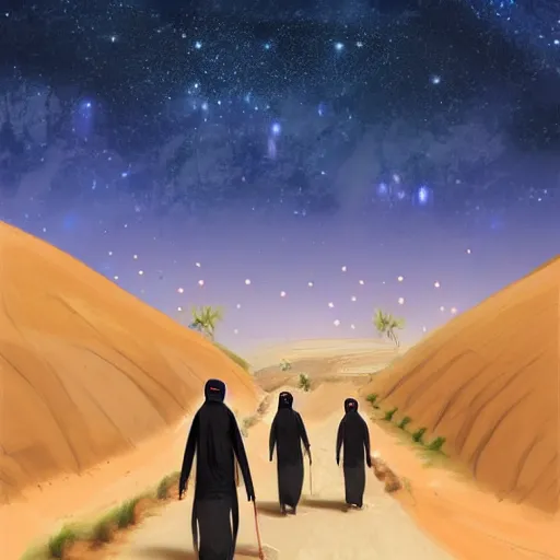 Prompt: bedouin walking towards mosque, nebula galaxy, artstation, digital art