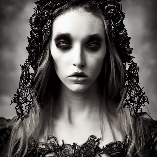 Image similar to a portrait of female model by stefan geselle and nekro borja, photorealistic, intricate details, hyper realistic, dark fantasy, ornate headpiece, dark beauty, photorealistic, canon r 3, photography, wide shot, glamour pose, surrealism