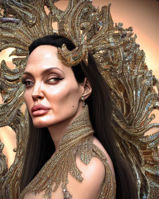 Image similar to a highly detailed metahuman 8 k close up render of angelina jolie renaissance in iris van herpen dress schiaparelli in diamonds crystals swarovski and jewelry iridescent in style of alphonse mucha gustav klimt trending on artstation made in unreal engine 4