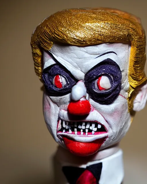 Prompt: a creepy paper mache doll of a scary clown donald trump, realistic, very detailed, complex, intricate, studio lighting, bokeh, sigma 5 0 mm f 1. 4