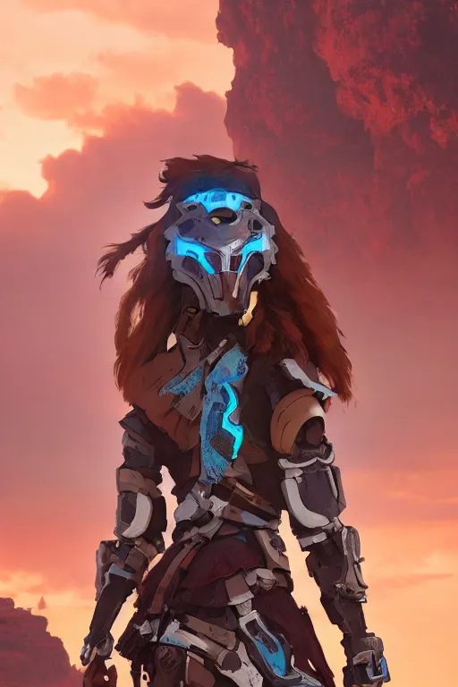 Image similar to combination suit armor aloy horizon forbidden west horizon zero dawn robot ninja mask helmet backpack tribal, aesthetic octane render, 8 k hd resolution, by ilya kuvshinov and cushart krentz and gilleard james radiating a glowing aura cgi rtx 2 0 2 2