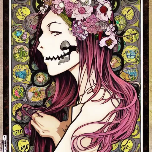 Prompt: anime manga skull portrait girl female skeleton illustration hyperrealistic art Geof Darrow and will cotton alphonse mucha pop art nouveau