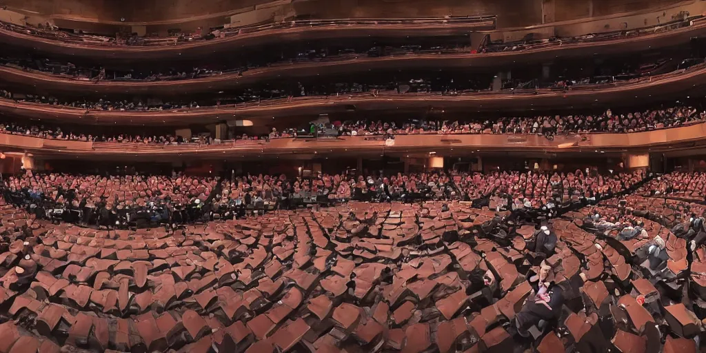 Prompt: 360 panorama camera picture of Danny DeVito & the Contract on a theater stage