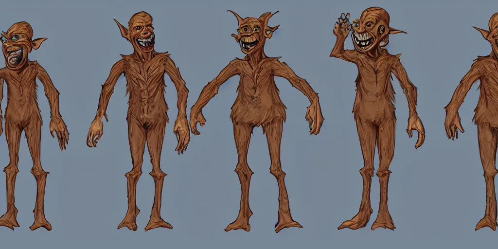 Image similar to Full body goblin, ripped suit, grinning, smile, concept sheet