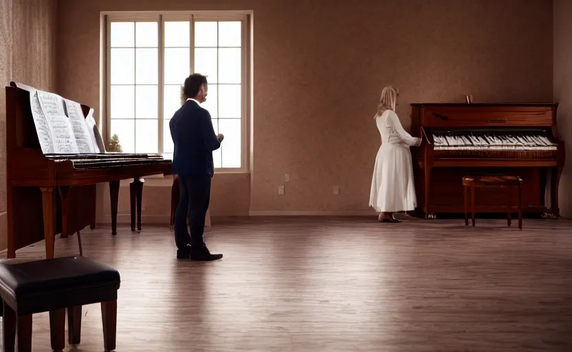 Image similar to a christian couple praying in a room with a piano, photo, sharp, 4k