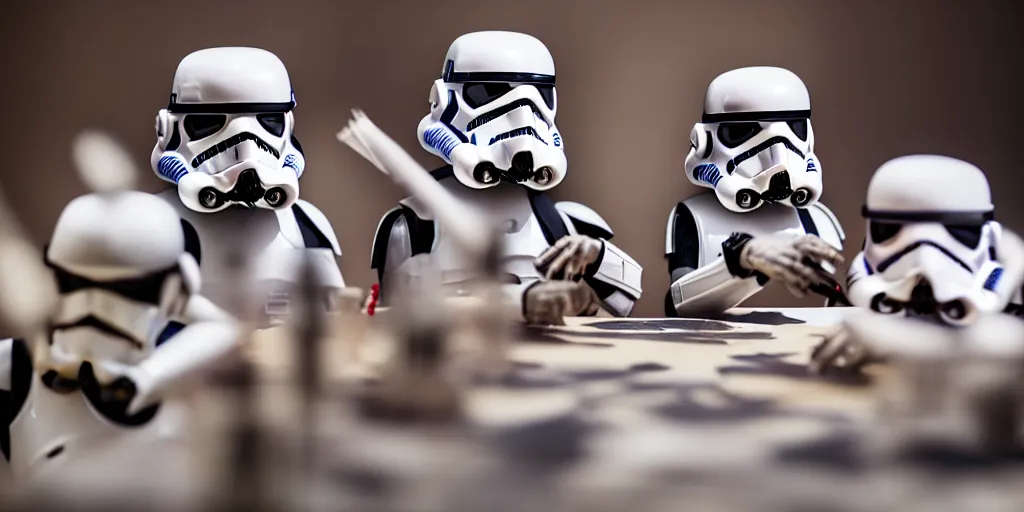 Image similar to closeup portrait of tin toy stormtroopers fighting on white paper table in an artist workshop, depth of field, zeiss lens, detailed, centered, fashion photoshoot, by nicoletta ceccoli, mark ryden, lostfish, breathtaking, 8 k resolution, extremely detailed, beautiful, establishing shot, artistic, hyperrealistic, octane render