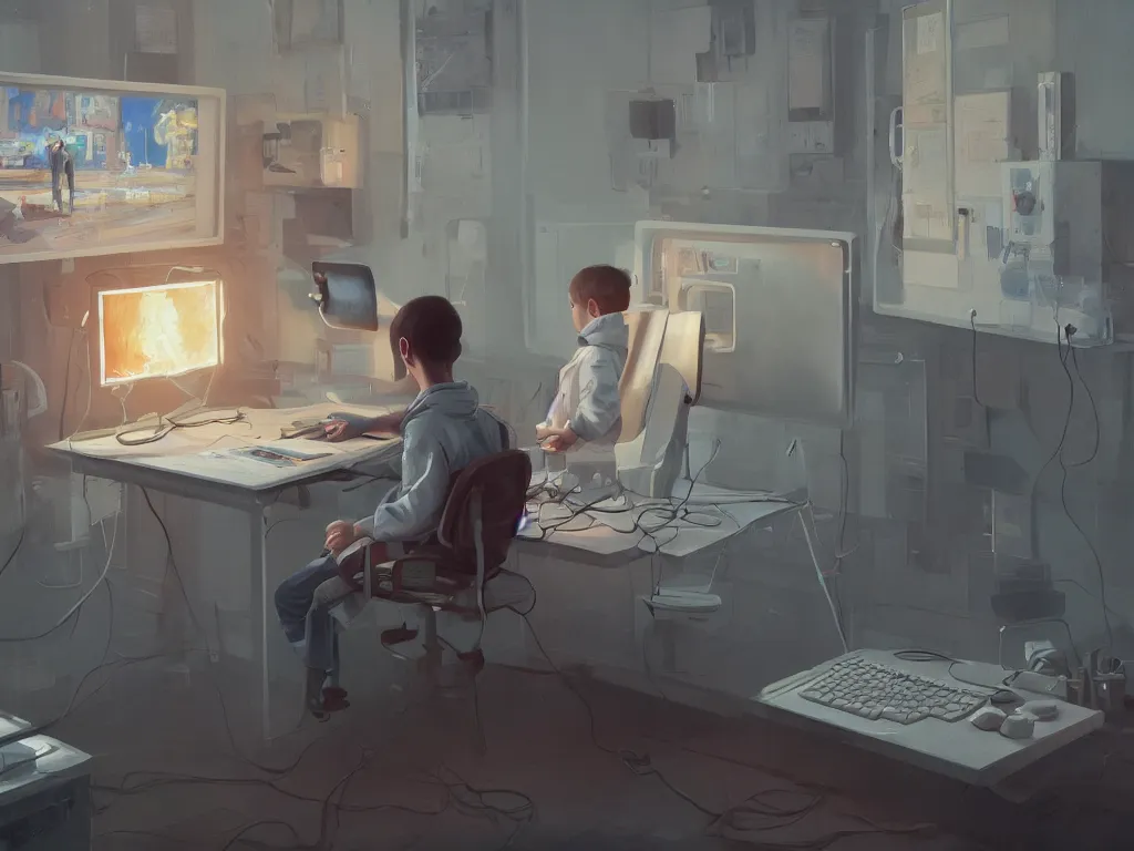 Image similar to a portrait of single smart child in a white coat in front of a computer and screens in a painting from stalenhag, 4 k, 8 k, hdr, artstation