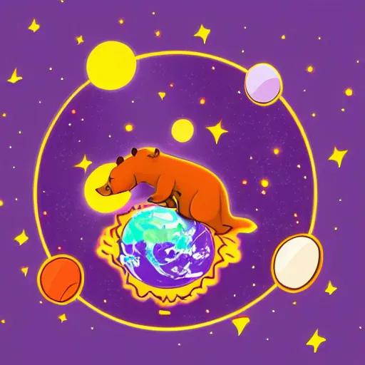 Image similar to cartoon animated illustration of a bear mascot being launched from a futuristic marble planet, purple and orange cloudland