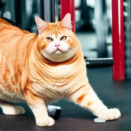 Image similar to very fat cat doing exercise at the gym, photorealistic, hd