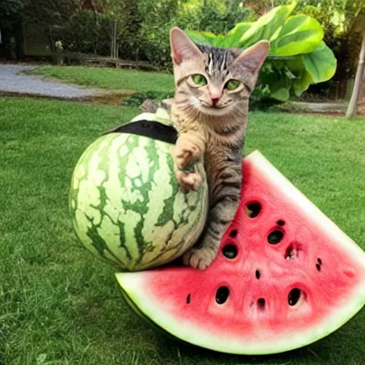Prompt: a perfect hybrid fusion of the flesh : cat + watermelon + bee