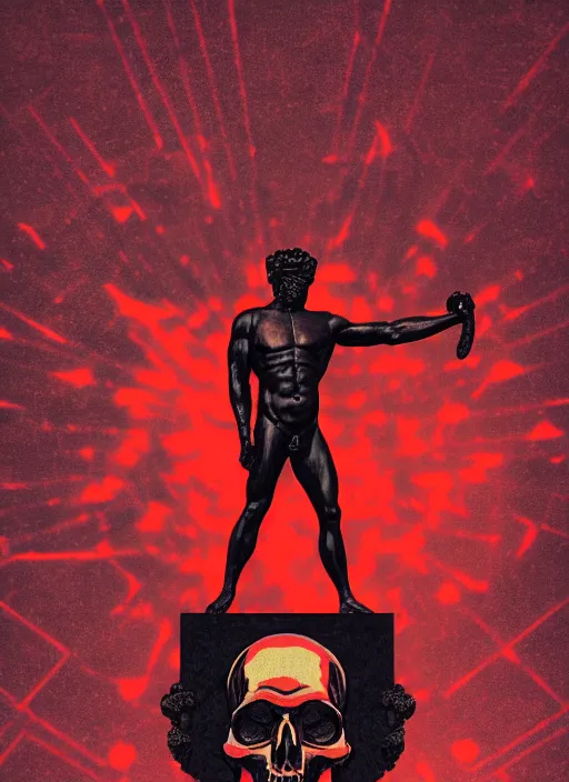 Image similar to black background, statue of hercules, skulls, thin lines, dark, red grid, glitch art, neo vaporwave, gritty, movie poster, trending on artstation