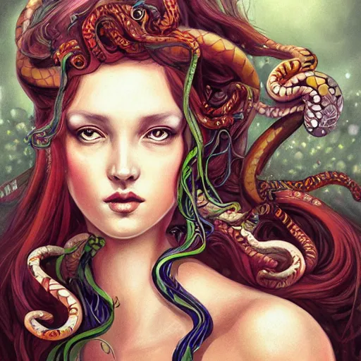 Image similar to realistic mythological greek medusa with snakes on the head, by anna dittmann