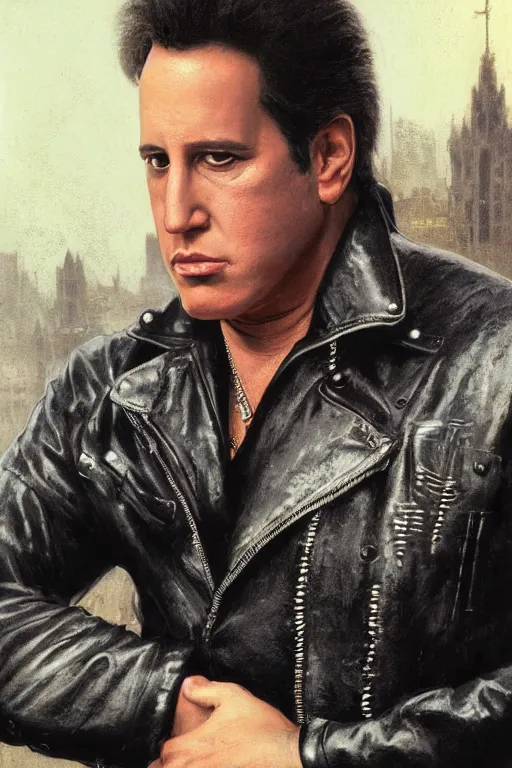 Image similar to portrait photograph of andrew dice clay, leather jacket, upper body, fantasy, handsome, depth of field, soft focus, highly detailed, intricate, realistic, national geographic cover, soft glow, textured, artstation, concept art, sharp focus, illustration, art by artgerm and greg rutkowski and alphonse mucha