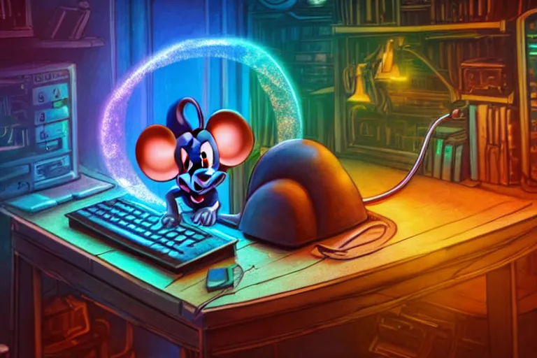 Image similar to A mouse is working on a computer in a Gothic atelier, detailed, colorful, glowing lighting, 4k, dimly lit, in the style of vintage Disney 90s retro future,