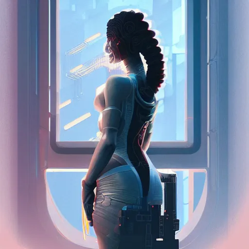 Image similar to portrait of cyberpunk woman looking out of a window, cyberpunk setting, futuristic, highly detailed, intricate lighting, digital painting, sharp focus, illustration, trending on artstation, art by peter mohrbacher.