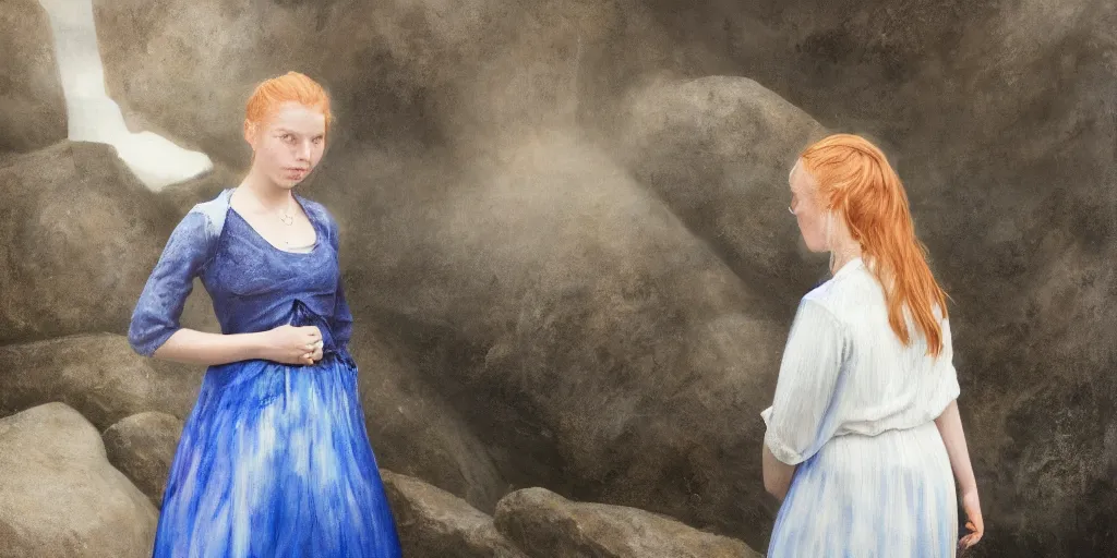 Image similar to a strawberry blonde 1 7 year old girl in a floor length black skirt and a white blouse stands amidst a rocky landscape eerily lit by blue light with no apparent source shrouded in mist, oil painting, realistic, eerie, somber, detailed