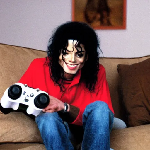 Prompt: Michael Jackson sits on his couch, holding a game controller, smiling.