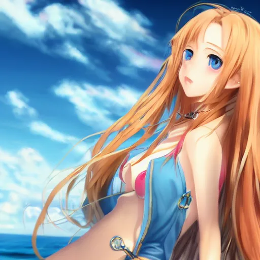Image similar to a very beautiful young yuuki asuna, full body, long wavy blond hair, sky blue eyes, full round face,, bikini, miniskirt, front view, mid - shot, highly detailed, cinematic wallpaper by stanley artgerm lau
