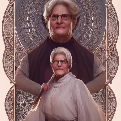 Image similar to mrs doubtfire as a cleric, d & d, fantasy, intricate, elegant, highly detailed, digital painting, artstation, concept art, matte, sharp focus, illustration, art by greg rutkowski and alphonse mucha