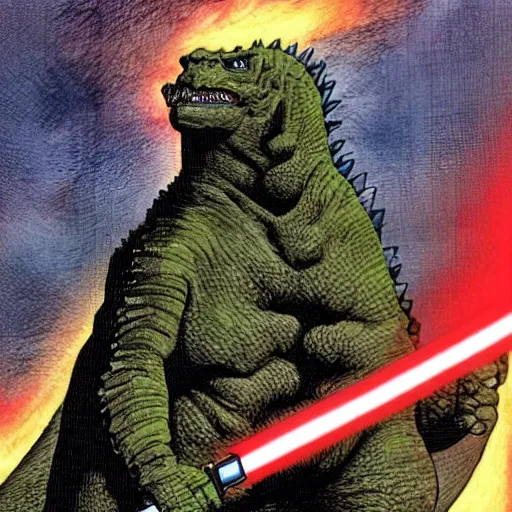 Image similar to godzilla in flowing jedi robes with a lightsaber by frank miller