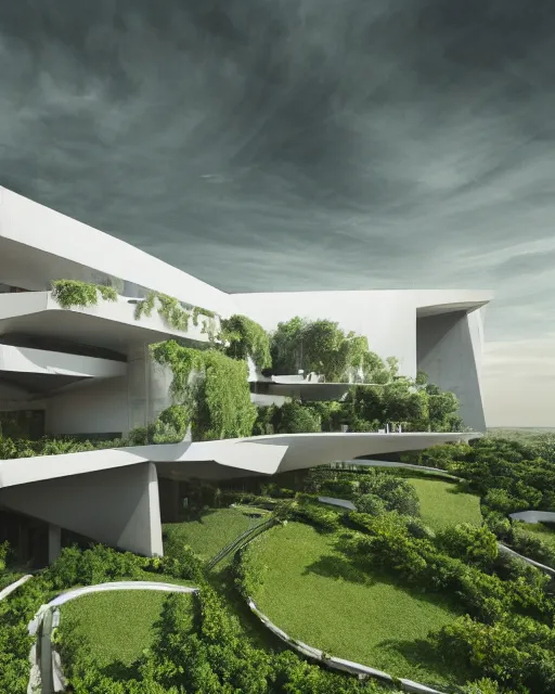 Prompt: a beautiful 3d renderings of buildings, architecture by Morphosis Architect. nature meets architecuture. vines and plants green landscape, Architectural photography, 14mm, cinematic photography, high resolution 4k, cg architects, vray, dramatic sky, cinematic lighting, wide angle, award winning,