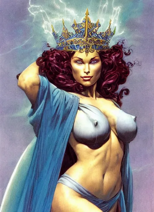 Image similar to mighty plump female sorceress, blue tiara, lightning halo, strong line, muted color, beautiful! coherent! by frank frazetta, by brom