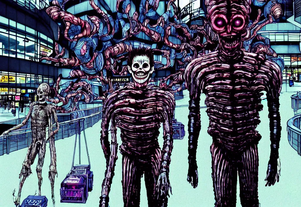 Image similar to hyperrealistic colorized cinestill of willem dafoe in the style of dead space, junji ito, gantz, roaming toronto yorkdale mall. deep aesthetics of weirdcore