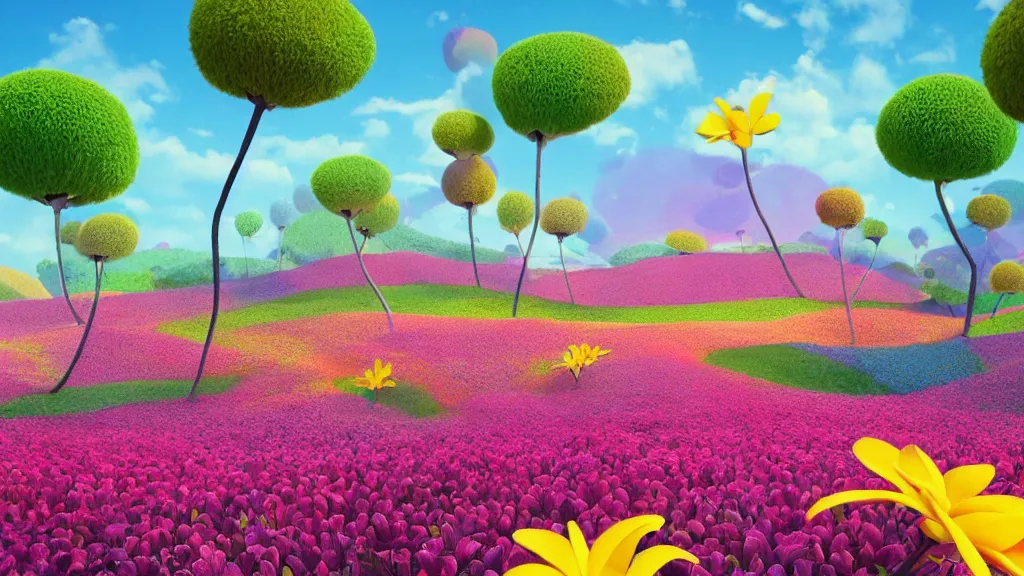 Prompt: digital illustration of a field of giant vibrant frangipani flowers by dr. seuss, reimagined by ilm and beeple : 1 | megaflora, spectral color, electric color, rolling hills : 0. 9 | fantasy : 0. 9 | unreal engine, deviantart, artstation, hd, 8 k resolution : 0. 8