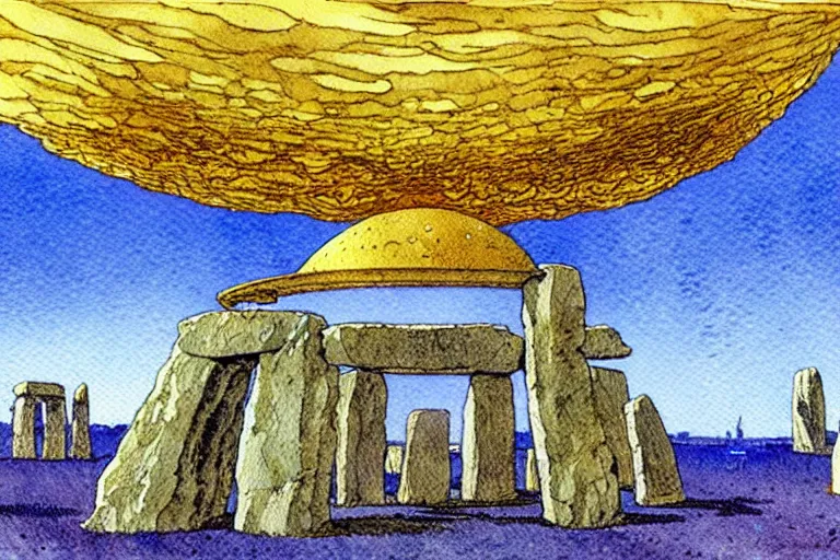 Image similar to a realistic and atmospheric watercolour fantasy concept art of a golden ufo landing on top of stonehenge. by rebecca guay, michael kaluta, charles vess and jean moebius giraud