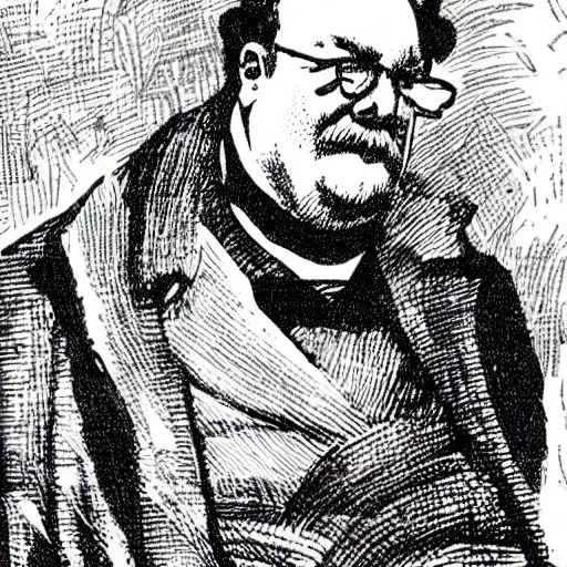 Prompt: illustration of gk chesterton with big muscles and a shotgun