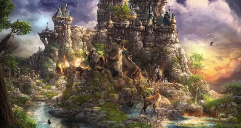 Prompt: wolves and their treasures - fantasy castle in astral landscape, trending on artstation, illustration, digital painting, highly detailed render by studio ghibli