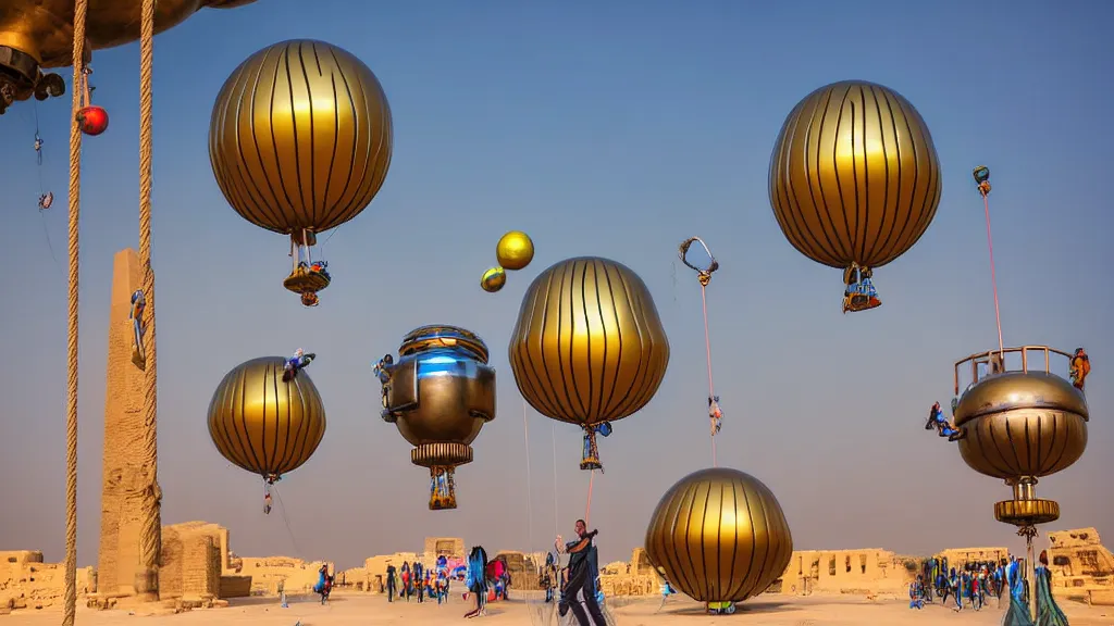 Image similar to large colorful futuristic space age metallic steampunk balloons with pipework and electrical wiring around the outside, and people on rope swings underneath, flying high over the beautiful ancient egyptian city landscape, professional photography, 8 0 mm telephoto lens, realistic, detailed, photorealistic, photojournalism