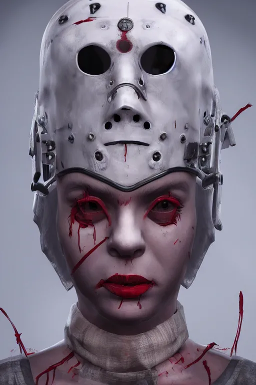 Image similar to The killer Nurse with the iron mask concept style of american horror story, highly detailed, intricate, sci-fi, sharp focus, Trending on Artstation HQ, deviantart, unreal engine 5, 4K UHD image