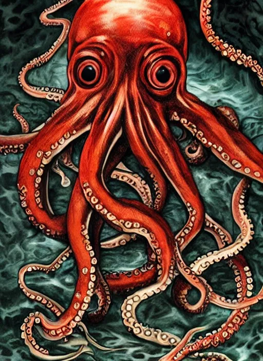 Prompt: Octopus ripping out dirty man's eye socket, octopus is violently exiting from the human skull, horror photography, 4k quality, highly detailed features, by Junji Ito, painted on bloody metal canvas