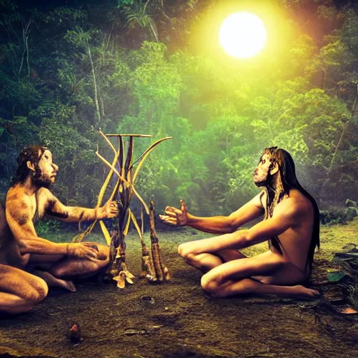 Image similar to spartan doing ayahuasca ritual with wolf and shaman at camp fire, jungle background, full moon with stars, hyper realistic award winning photographic portrait photography, dramatic cinematic lighting