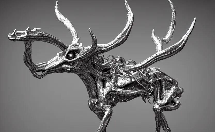 Image similar to stylized shiny polished silver statue full body extra limbs bizarre cosmic horror quadruped animal deer skull four legs made of marble of slug creature tendrils, perfect symmetrical body, perfect symmetrical face, hyper realistic, hyper detailed, by johannen voss, by michelangelo, octane render, blender, 8 k, displayed in pure white studio room