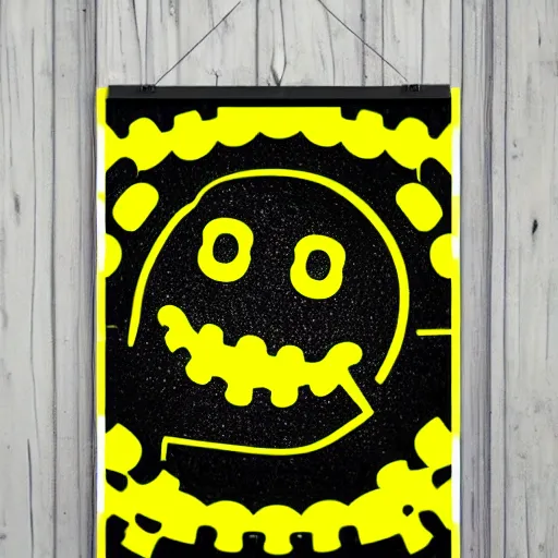 Image similar to acid house rave flyer, poster, smiley face, florescent yellow and black