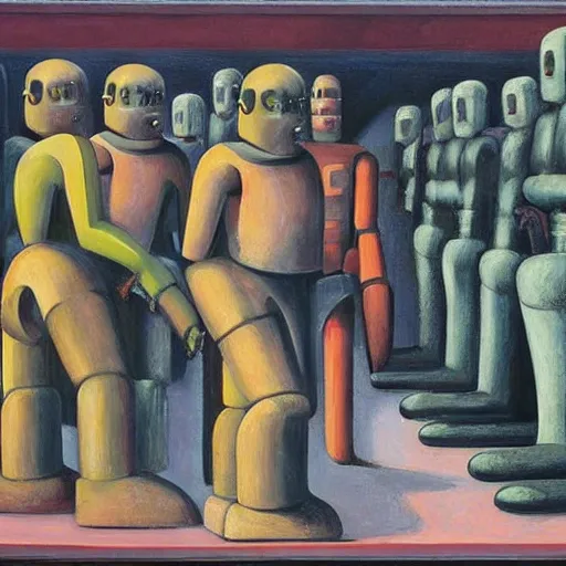 Image similar to drab human workers mining ore, watched by fascist robot overlords, brutalist tunnel, dystopian, pj crook, edward hopper, oil on canvas