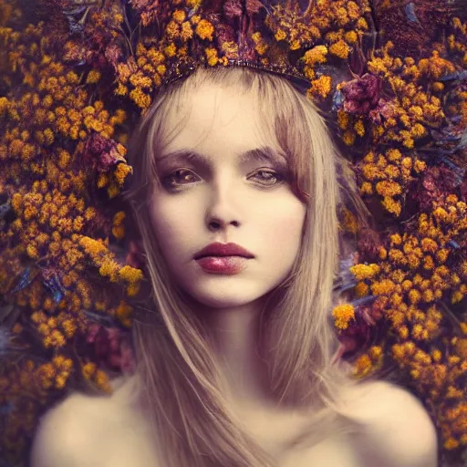 Prompt: fine art photo of the most beautiful woman, she has a crown of dried flowers, by oleg oprisco