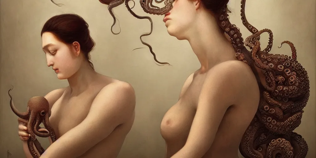 Prompt: An incredible detailed portrait of a young woman and an octopus, in the style of pre-Raphaelite, by Goro Fujita, Tom Bagshaw, trending on Artstation, 8k, masterpiece, fine detail, full of color, intricate detail