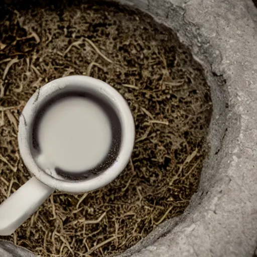 Prompt: a cup of milk in a wishing well