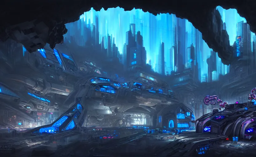 Image similar to cyberpunk factory in a giant dark cave, black rocks, detailed stones, dramatic light, blue crystals, hyper detailed, realistic, intricate, concept art by frank hong, mate painting, artstation